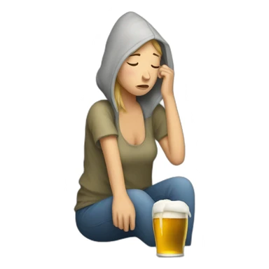 Homeless caucasian woman depressed with beer sticker