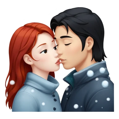 long black haired asian guy kisses redhead girl in snowstorm sticker