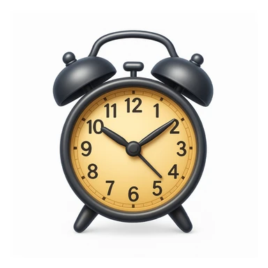 Create an alarm clock emoji that looks exactly like the reference image in iOS emoji style. The emoji should be 3D with shiny, smooth gradients, soft shadows, and a realistic classic alarm clock shape with the classic emoji look. sticker