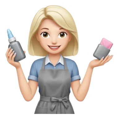 female nail master with buff and gel polish in hand in grey apron  sticker