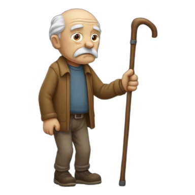 Old man leaning on a walking cane and holding his back with his hand grumpy face, detailed sticker