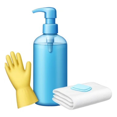 emoji of big (1L) bottle of shampoo, disposable gloves and cotton pads (for makeup) are standing on a table, products look like its always running out, and bran labels to them, make quantity bigger , and i want to see more disposable products sticker