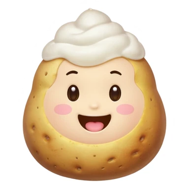 kawaii emoji character with a round face, sparkling eyes, and a happy smile, eating a steaming potato, soft pastel colors, blushing cheeks, LINE/Kakao Friends style sticker