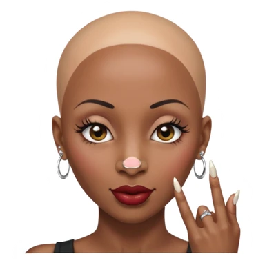 Grown black (proud) woman, bald with a perfect head, a prominent nose with a septum piercing, many piercings on her ears, a gap between her front teeth and very long nails (cynthia erivo) a proud lesbian, with long lashes and her finger tapping her head sticker