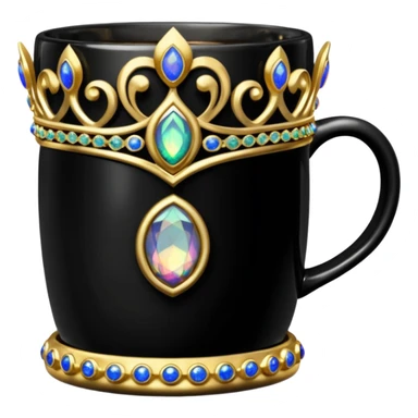 Hyperrealism, jet black coffee mug with detailed sparkly gold with black opal gemstones of a tiara embellishment, isolated, still life, 600dpi sticker