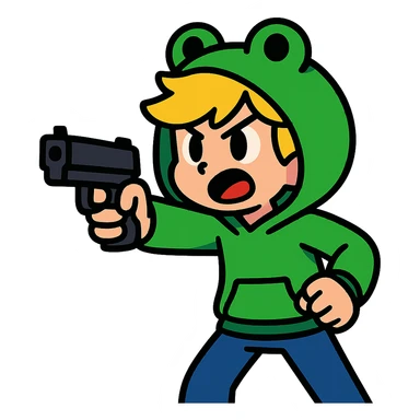 animated boy with blonde hair wearing a frog hoodie, pointing a gun forward, vibrant toon style sticker