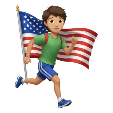 A teen boy with messy brunette hair, running with a fluttering flag behind him. sticker