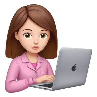 A brown hair, white skin woman at home with pink pajamas scrolling, with a laptop open to a work document sticker