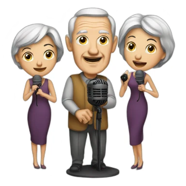old man and woman with microphones podcasters sticker
