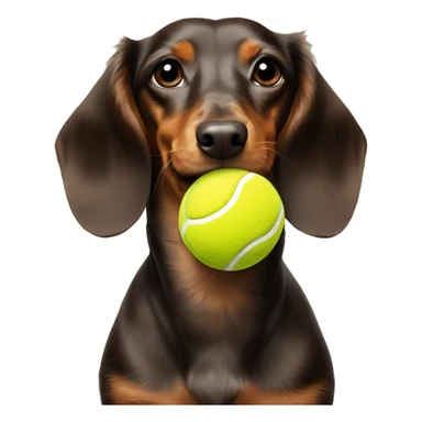Brown and light brown long hair miniature dachshund with tung out and balancing a tennis ball on his head sticker