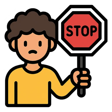 brunette person with curly hair holding a stop sign, color outline icon sticker