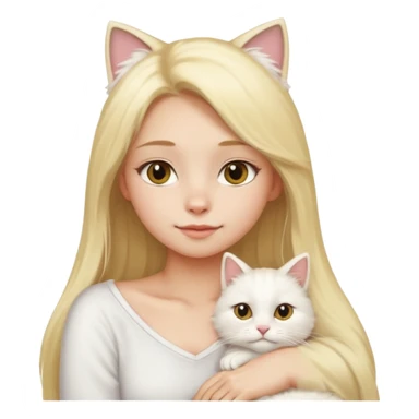 a girl with long blonde hair and a white fluffy cat lying on her left shoulder and neck, emoji style sticker