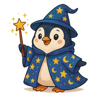 a cartoon penguin wizard with a starry cloak and wand, whimsical and colorful character illustration sticker
