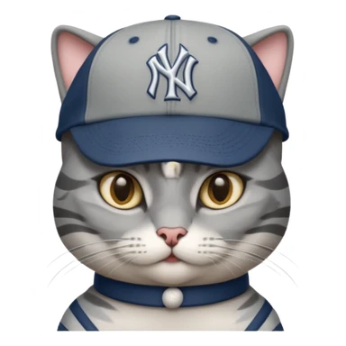 Grey cat with a yankee baseball hat sticker