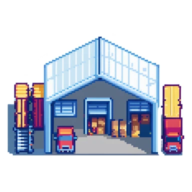 isometric warehouse building with loading dock, shipping containers, and forklift sticker