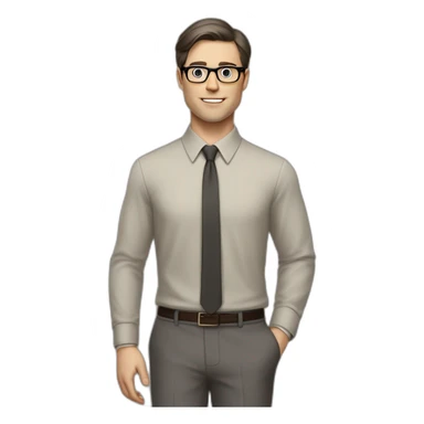 Full height Pale skinned Fit Man With dark brown hair in classic gray suit, beige office shirt, dark gray tie, and vintage glasses. His right hand is directed up sticker