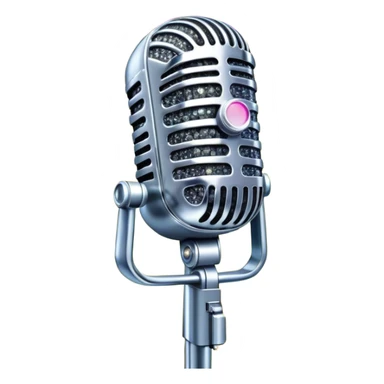 Create a glamorous and vibrant emoji representing stage vocal performance. The design should feature a humanless collage of classic vintage microphone, stage costume covered in rhinestones, large scene speakers, scene lights. The costume should be stylized, with glittering elements like sequins and sparkles, and reflect the glitzy, extravagant nature of show business. The microphone should have a sleek, retro look with chrome or metallic accents. Use rich, dazzling colors like gold, silver, deep purple, and bright red to evoke the glamorous, larger-than-life feel of a stage performance. The background should be transparent. sticker