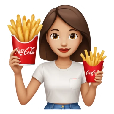 a young woman full length with cola in one hand and french fries in the other hand and a painting under her arm walking left sticker