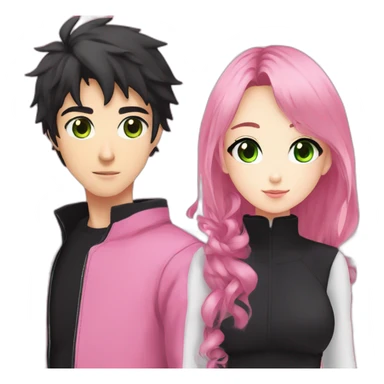 pretty anime girl with pink ninja clothes and cute makeup alongside a man that is taller than her in completely black clothing and has green eyes sticker