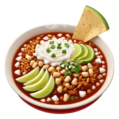 A delicious hot bowl of pozole rojo emoji. Steam rising. Hominy visible. Place the sides next to the bowl: chopped onions, shredded cabbage, lime wedges, red chile de arbol salsa, and full round tostadas with a light smear of sour cream sticker
