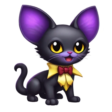 Cute-Evil-Vampiric-Batty-Cat-Black-Purple-Red-Yellow-Contrast-Colors-Fantasy-Fur-Sona-Chibi-Shiny-Fakémon-Hybrid with horns and big fangs neck bow white tie leg spats full body sticker