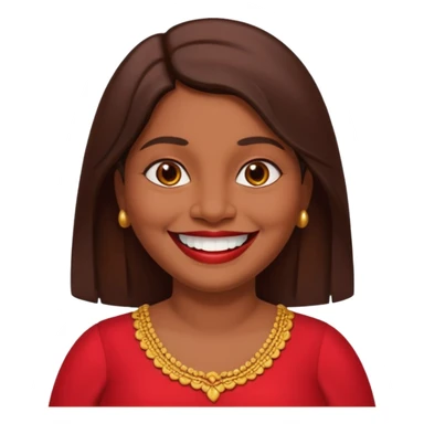 50 yr old chubby Sri Lankan woman, dark skin, straight brown hair, big smile, white teeth, red dress clothes, longer hair straight sticker