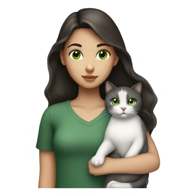 A girl with green eyes and dark brown hair holding a white and dark grey cat  sticker