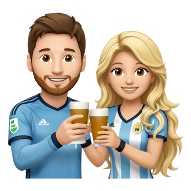 Lionel Messi in Argentina jersey and Shakira in stage clothes, smiling at each other, each holding a traditional yerba mate cup, making a cheerful toast, Shakira with long wavy blonde hair, emoji style, cute and fun, with a sunburst background sticker
