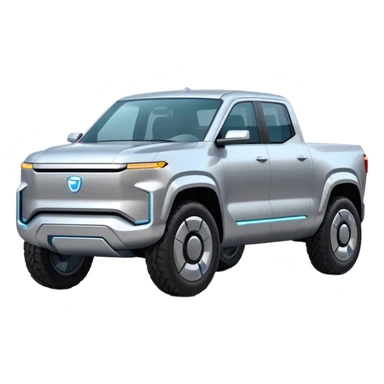 A futuristic electric pickup truck emoji, silver chrome body, angular cyber design, smooth metallic panels, subtle reflections, minimalistic proportions, iOS emoji style, centered composition, clean white background, soft lighting sticker