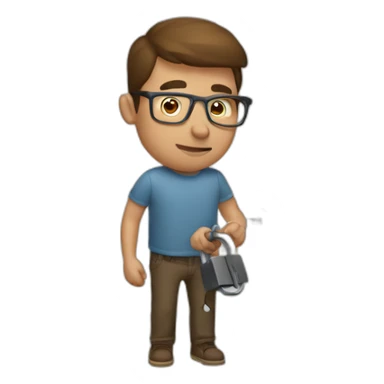 brown-short-haired man with glasses, struggling to fit a key into a door-lock sticker