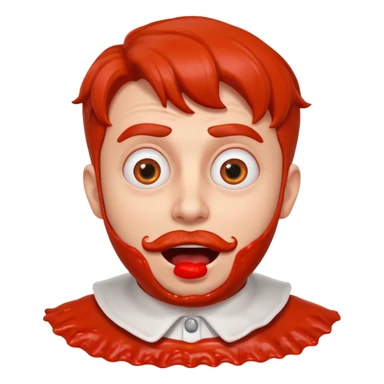 funny theater actor portrait, head and shoulders only, covered in tomato sauce, shocked wide eyes, awkward smile, stage costume collar, 3D cartoon, mobile game icon style, clean background, no text, no watermark
 sticker