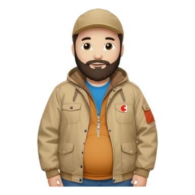 Bearded man with pregnant belly poking out of shirt wearing a tan canvas carhartt jacket next to chinese flag sticker