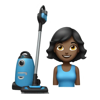 slate blue broom and vacuum cleaner, with a black lady, straight hair, small eyes, smiling sticker