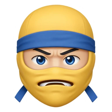 angry ninja face emoji, classic yellow emoji face, mouth fully covered by blue ninja uniform, only eyes visible sticker