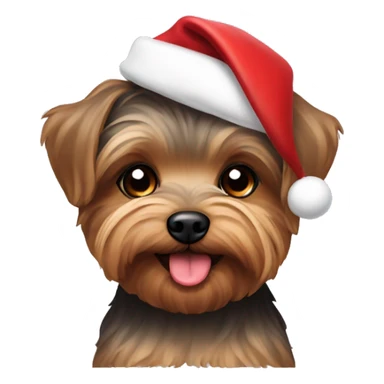Small brown yorkiepoo wearing Santa hat sticker