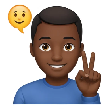 Male smiling with a big round head, dark skin, eyes looking to the side, pointer finger touching the outside corner of the eye sticker