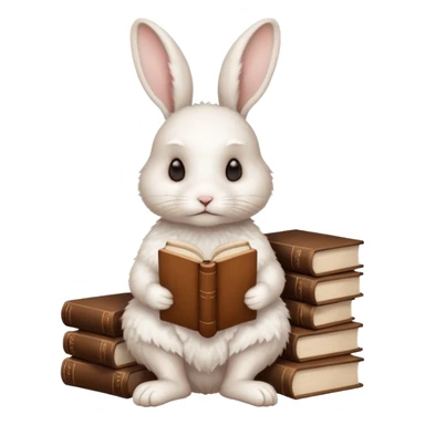 White rabbit sitting horizontally in a natural position on 4 legs, without a book.  There are 3 books nearby. books lie on top of each other other in brown tones

 sticker