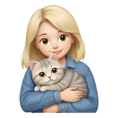 blonde girl in denim jacket huddle a fat gray Scottish fold cat smiley eye and love in the air sticker