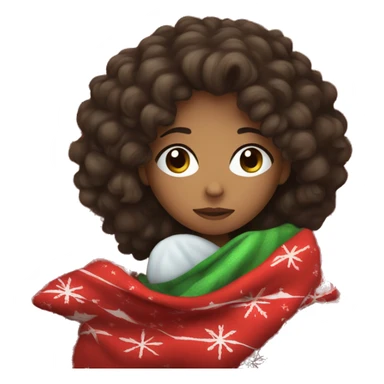 Girl with dark brown curly hair sleeping with Christmas blanket sticker