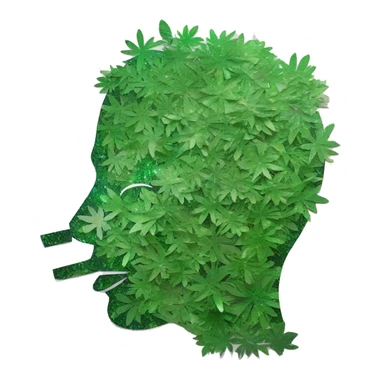 Person face portrait smoking chill made entirely of holographic paper cuttings holographic vinyls and 420 leaves and green flowers, holographic sticker