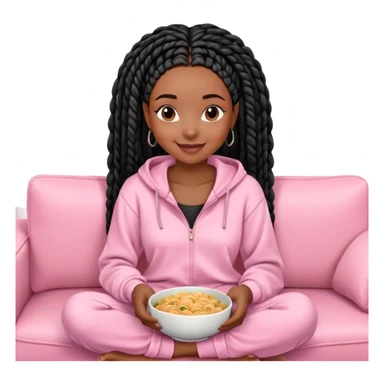 A dark-brown-skinned Black woman with black box braids, sitting on a pink couch, holding a bowl of pasta with a fork, smiling. She’s wearing casual, comfy loungewear, relaxed in a cozy setting. sticker
