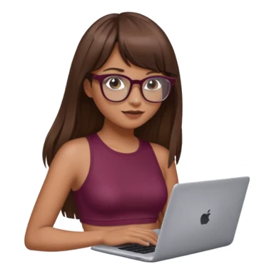 Una chica con cabello súper largo con flequillo color marrón y gafas con estilo de periodista súper top, también agrega una lapso en sus manos, también que su vestimenta sea un crop top color vino sticker