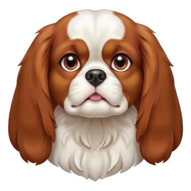 Cinematic Grumpy Blenheim Cavalier King Charles Spaniel Portrait Emoji, Head tilted slightly with a deeply unimpressed expression, thick Blenheim coat with pronounced chestnut and white markings, large, droopy brown eyes narrowed into an unamused glare, ears slightly drooping in exasperation, Simplified yet comically expressive features, highly detailed, glowing with a dry, sarcastic glow, high shine, effortlessly judgmental yet dignified, stylized with a touch of cynicism, bright but brooding, soft glowing outline, capturing the essence of an eternally unimpressed yet endearing companion, so lifelike it feels like it could sigh heavily at you in disdain at any moment! sticker