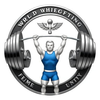 An emblem representing the World Weightlifting Federation with a stylized barbell and global elements. Bold text and clean lines symbolize strength, unity, and competition. Modern, dynamic design with a transparent background. sticker