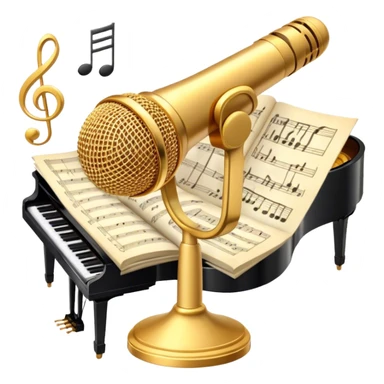 Create an elegant and refined emoji that represents classical or academic vocal performance. The design should feature a microphone, sheet music with musical notes, and a treble clef to symbolize the vocal artistry and music theory behind academic singing. Add subtle elements like a vocal warm-up chart or a grand piano to reflect the classical training. Use classic colors like gold, silver, and deep blue to emphasize sophistication and professionalism. The background should be transparent. sticker
