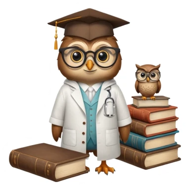 Wise bird with glasses, wearing a lab coat, perched on a stack of books. sticker