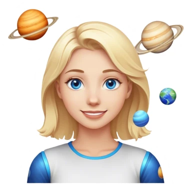 A blonde with blue eyes and a friendly smile stands while the planets spin sticker