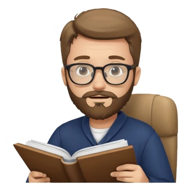 bearded man with glasses studying sticker