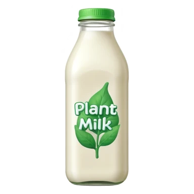 A 3D cartoon bottle of plant-based milk identical to dairy milk, small green tint or leaf mark, Memoji-style. sticker