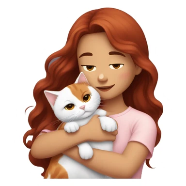 girl with long very dark red wavy hair and dark brown eyes and light pink outfit hugging a white & ginger cat  sticker